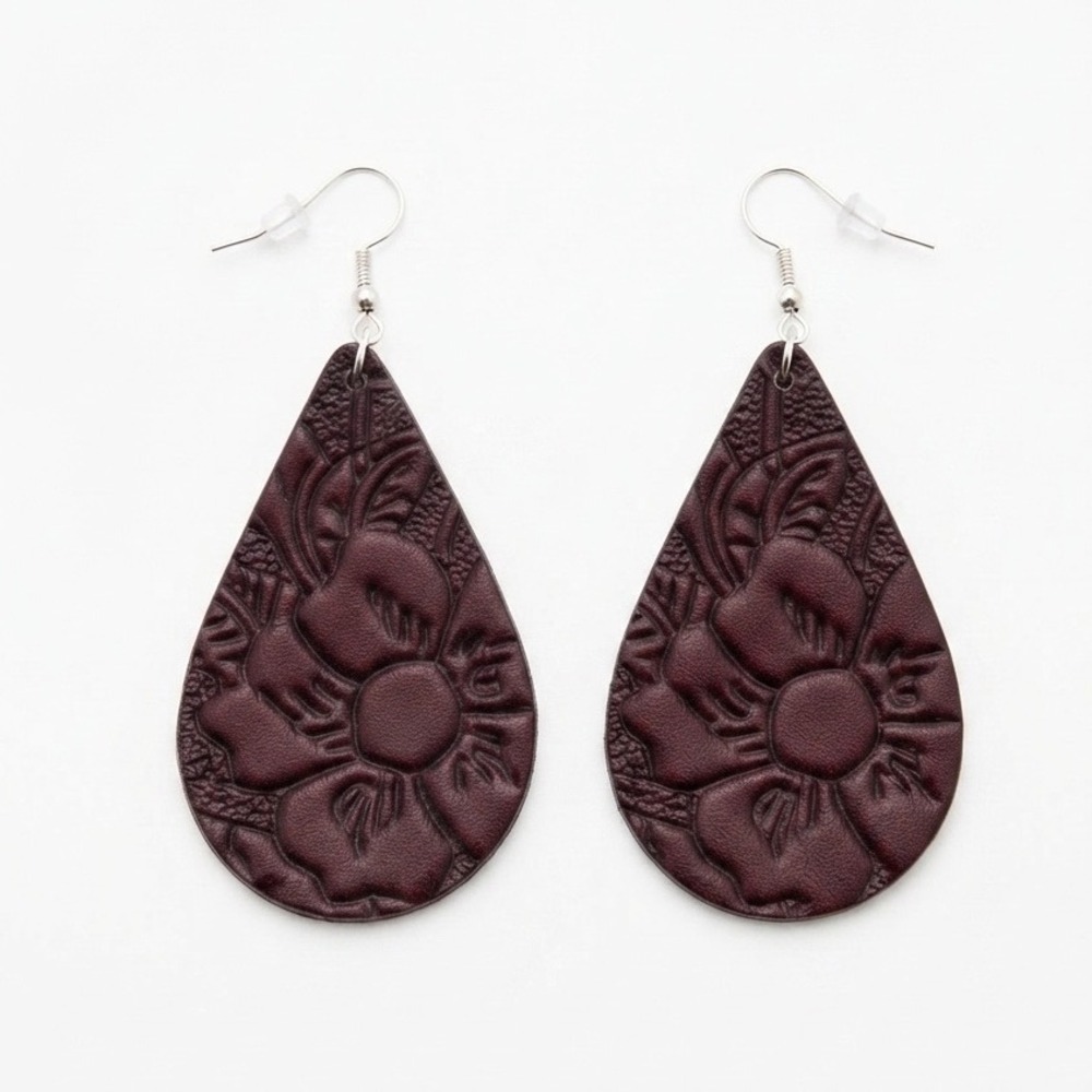 Boho Embossed Floral Faux Leather Teardrop Earrings Western Maroon‎ Wine Dangle